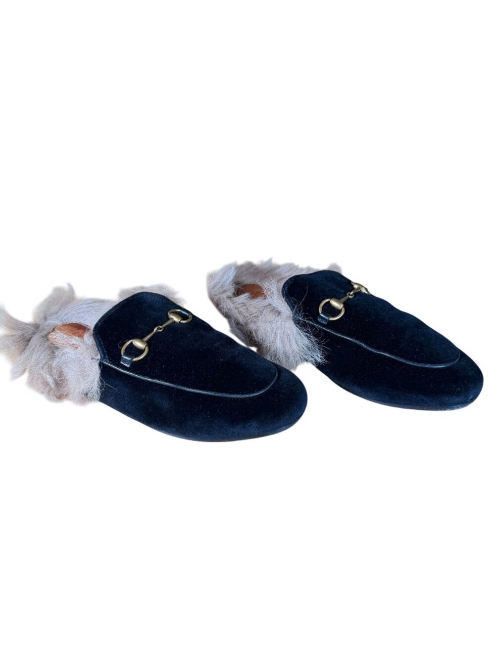 Gucci Princetown Fur-Lined Horsebit Loafer Mule Black Velvet Size EU 37.5 US 7.5